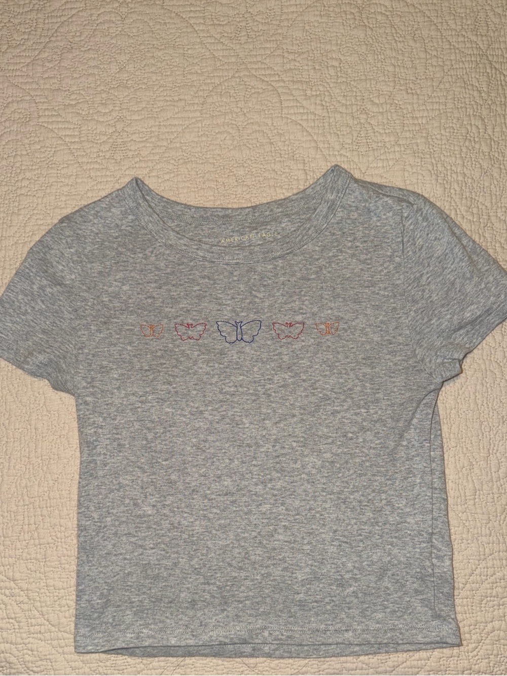 American Eagle Outfitters Light Gray Butterfly Baby Tee - Short Sleeve